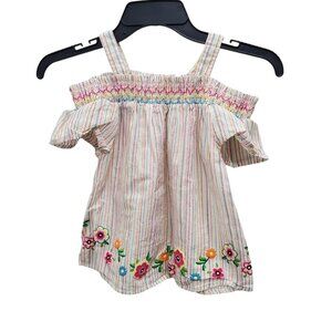 Forever Me Girl's White Rainbow Stripe Floral‎ Smocked Off Shoulder Top Size 7